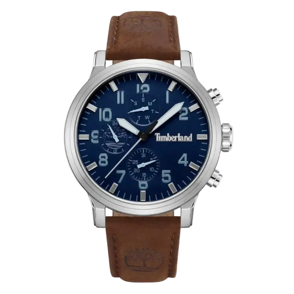 Timberland Driscoll watch front view showing blue dial with three subdials