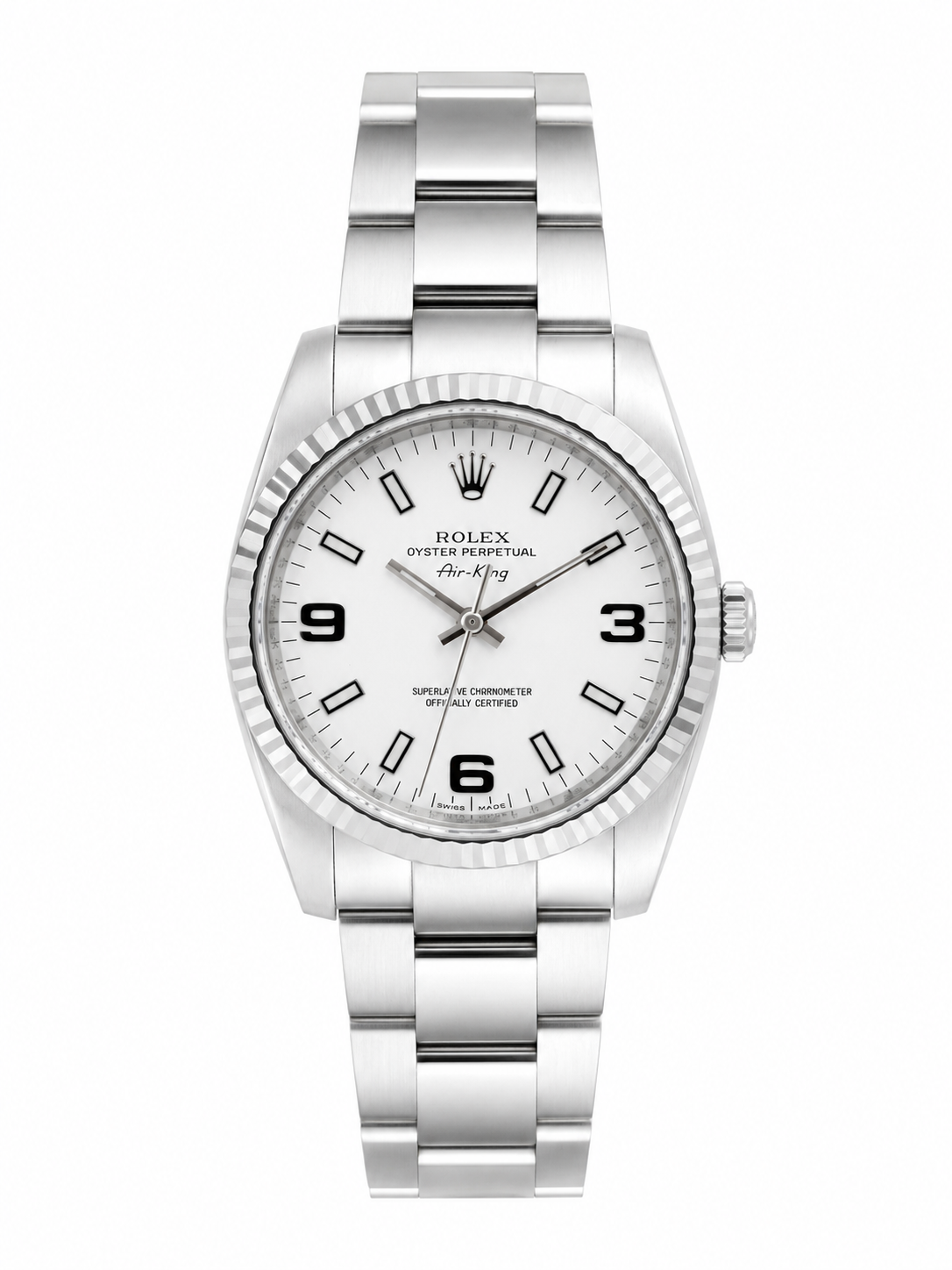 Rolex Air-King 114234 pre-owned automatic watch with 34mm stainless steel case, white dial, fluted white gold bezel, and Oyster bracelet
