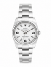 Rolex Air-King 114234 pre-owned automatic watch with 34mm stainless steel case, white dial, fluted white gold bezel, and Oyster bracelet
