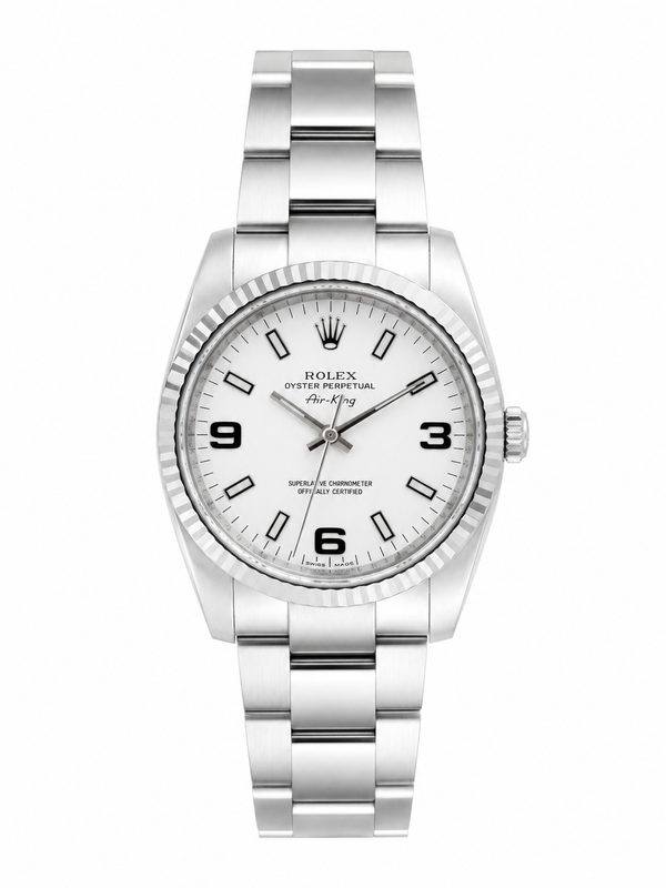 Rolex Air-King 114234 pre-owned automatic watch with 34mm stainless steel case, white dial, fluted white gold bezel, and Oyster bracelet