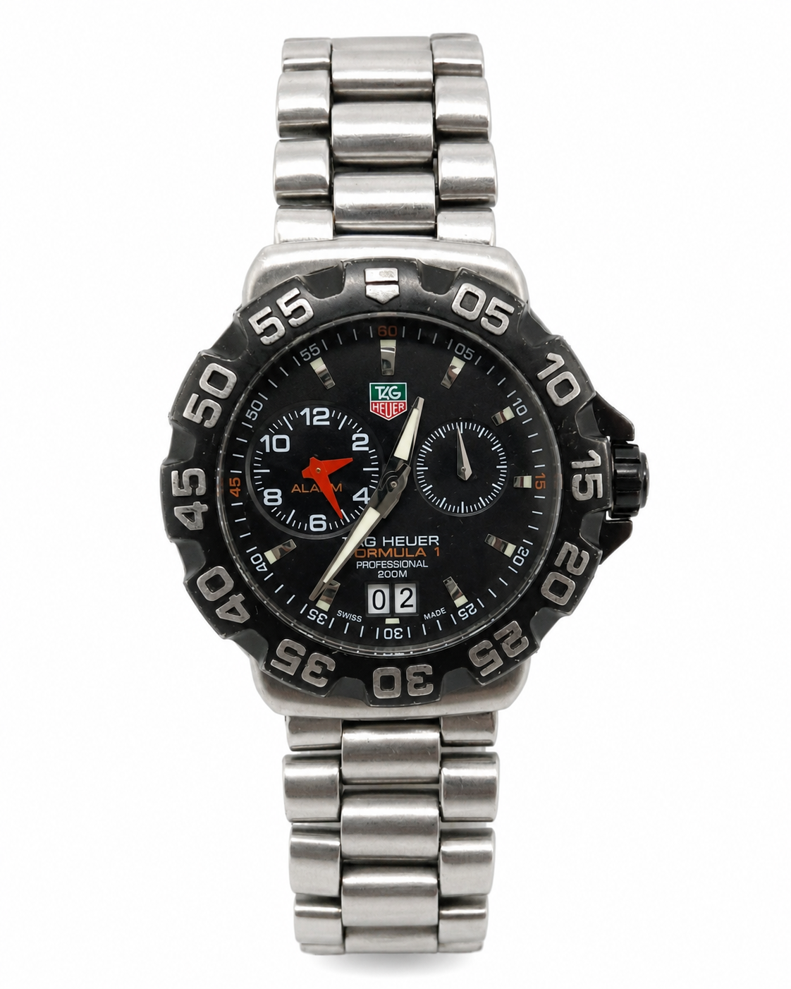Pre-owned TAG Heuer Formula 1 Quartz Alarm watch with black dial, red alarm hand, stainless steel bracelet, and rotating bezel