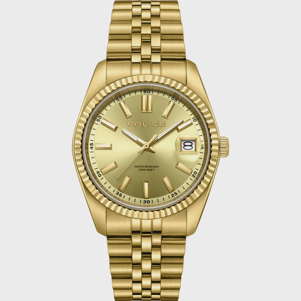 Police Stria gold quartz watch with 41mm round case, sunburst gold dial, fluted bezel, and stainless steel bracelet, reference PEWGH0001503