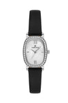 Daniel Klein DK113943-1 women's quartz watch with white mother-of-pearl dial, crystal-set oval steel case, and black leather strap