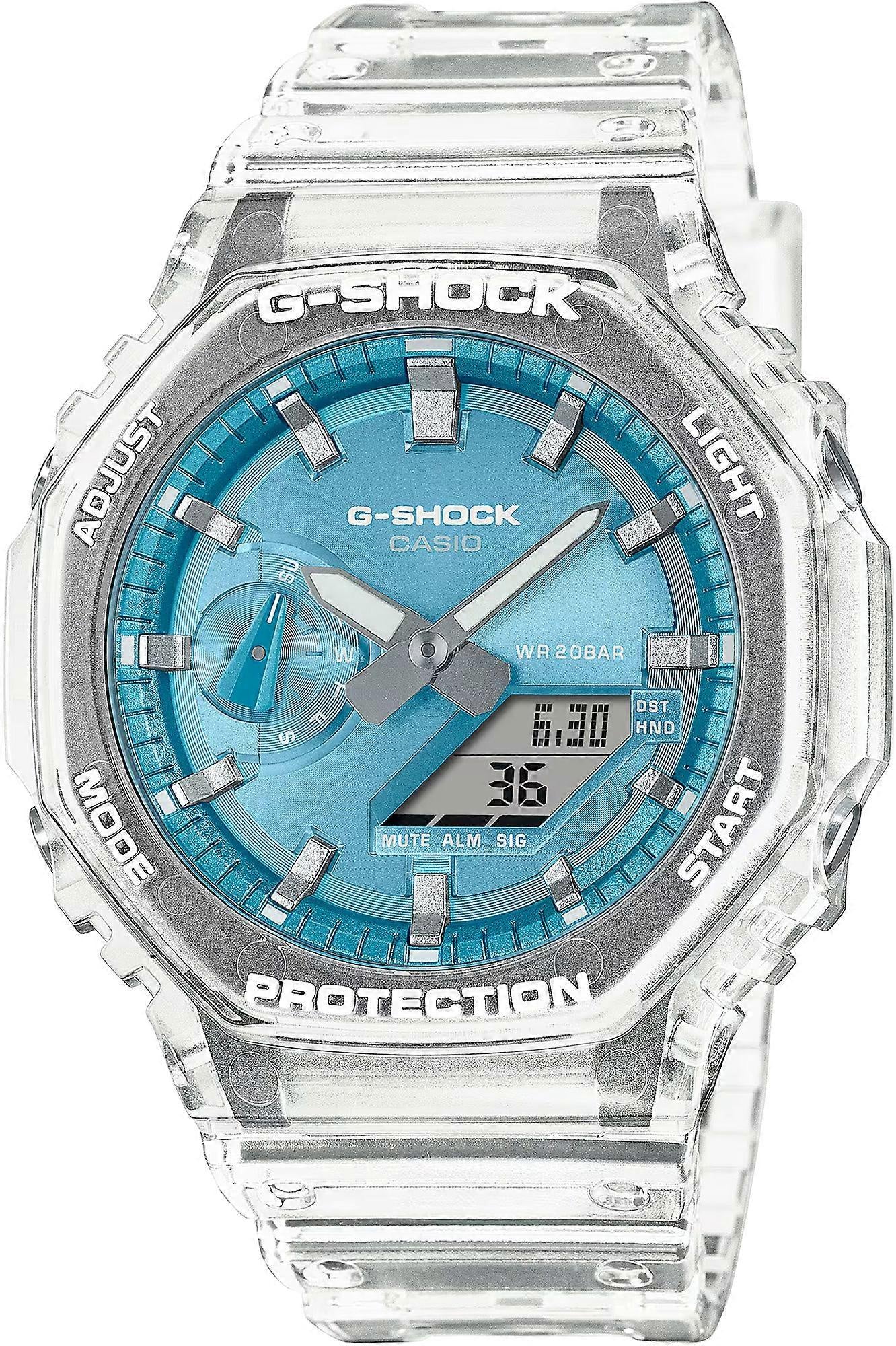 Casio G-Shock GA-2100BM-7A2DR analog-digital watch with sky blue dial and translucent resin case and bracelet