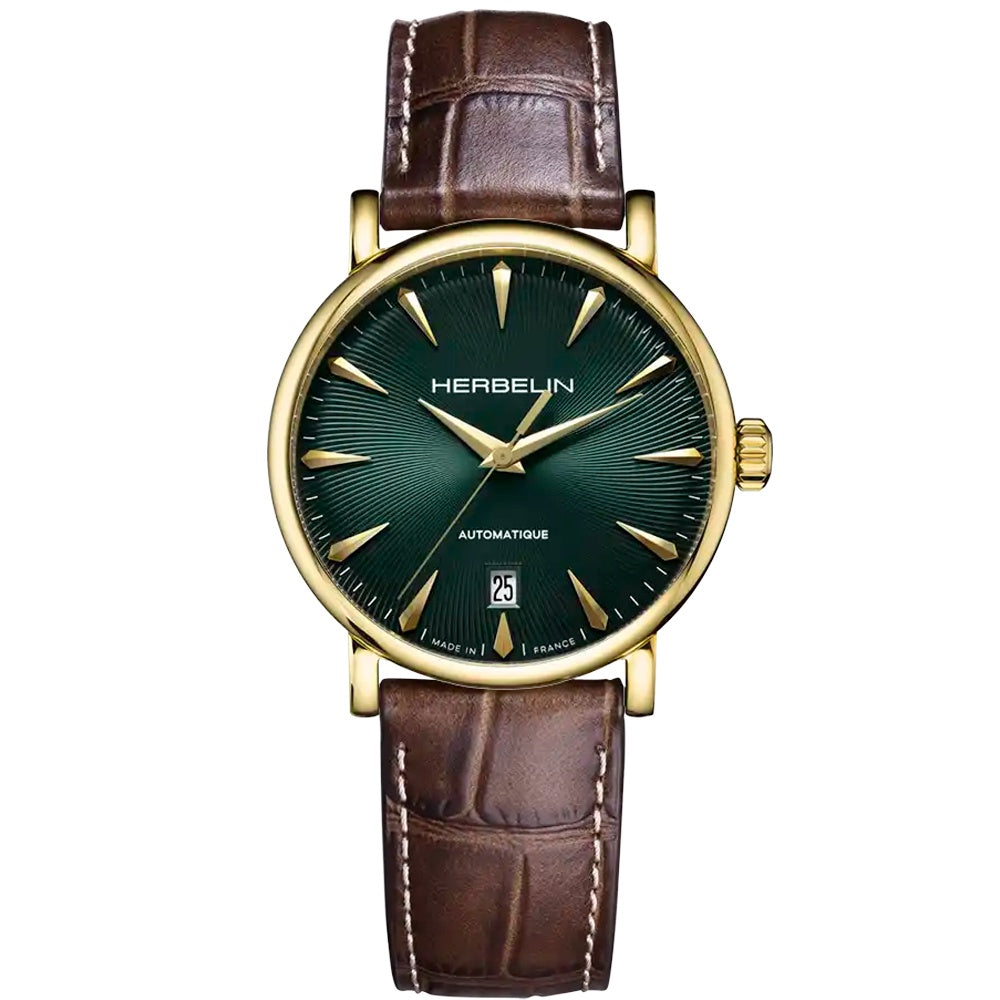 Michel Herbelin Inspiration Automatic 2047/P16MA watch with 42mm gold-tone case, green sunray guilloche dial, date display, and brown embossed leather strap