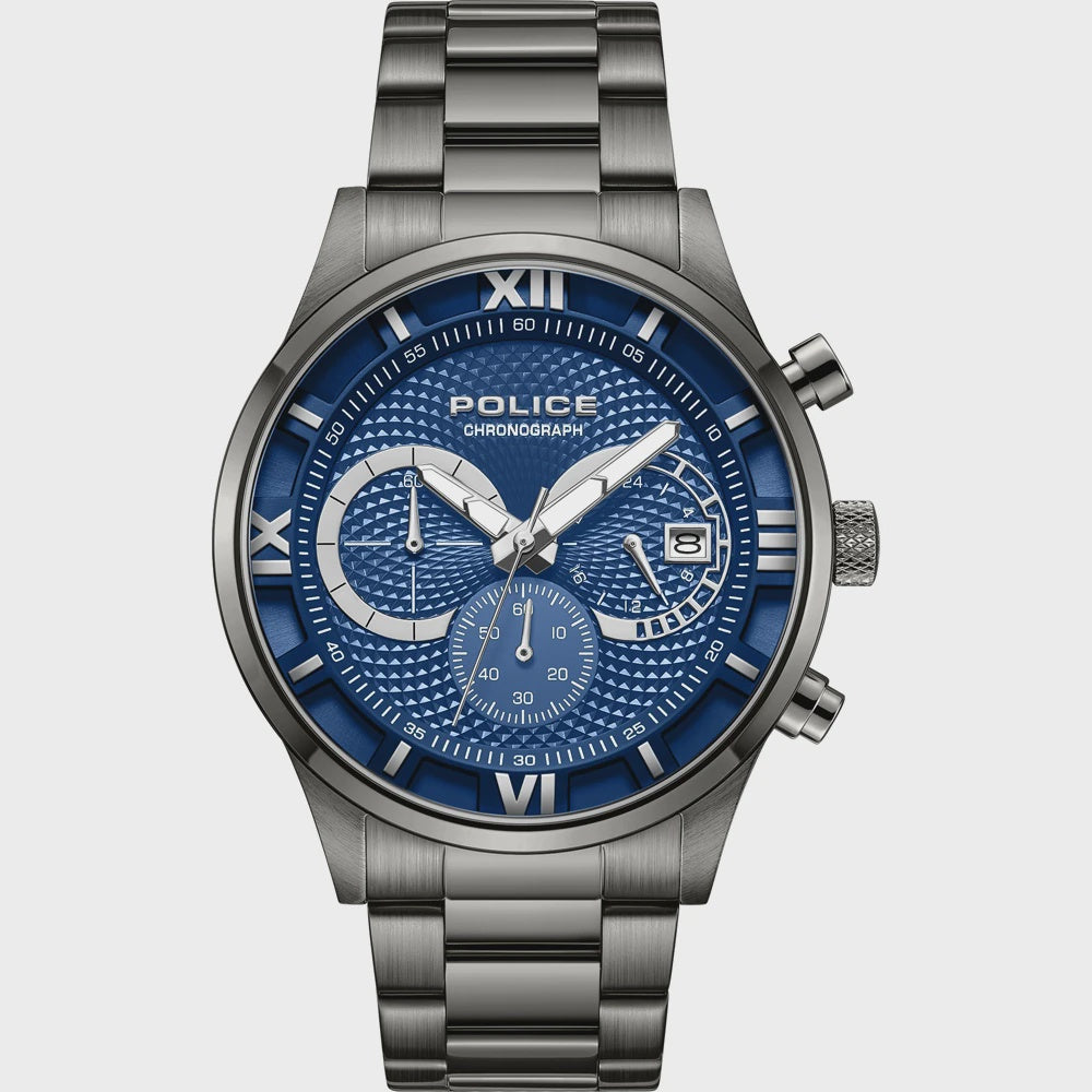 Police Driver Urban PEWGK0001102 quartz chronograph watch with 43mm gunmetal stainless steel case, blue textured dial, Roman numeral indices, and matching stainless steel bracelet