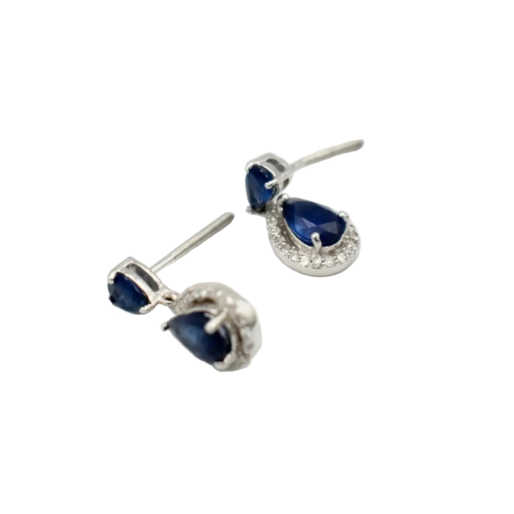9ct white gold pear-shaped tanzanite drop earrings with diamond halo setting from Cassim and Co Johannesburg
