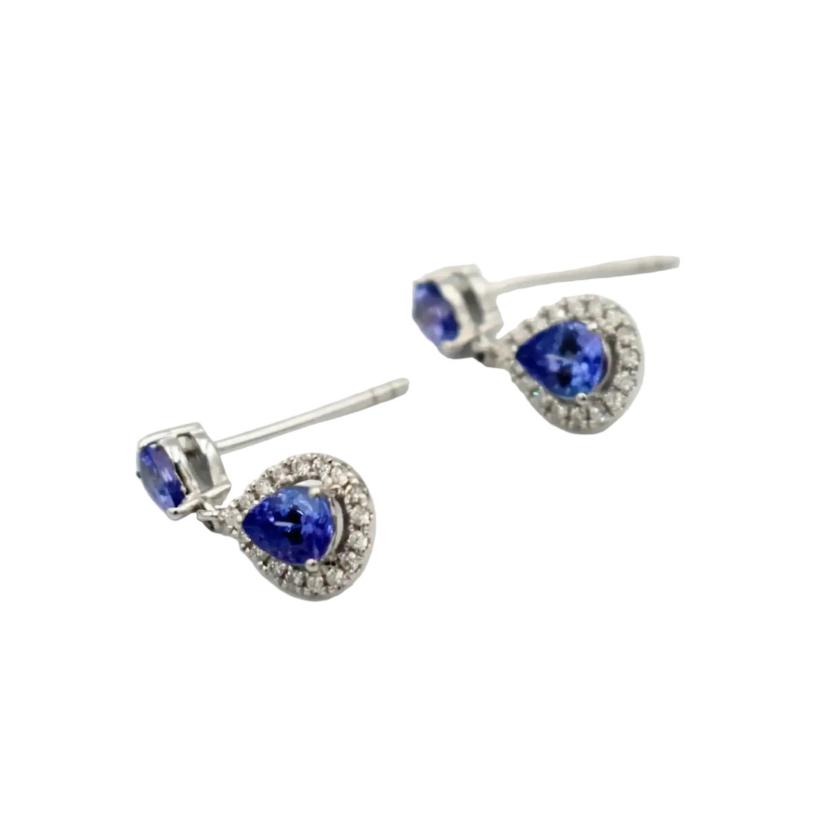 9ct white gold pear-shaped tanzanite diamond halo stud earrings 1.20ct total weight from Cassim and Co Johannesburg