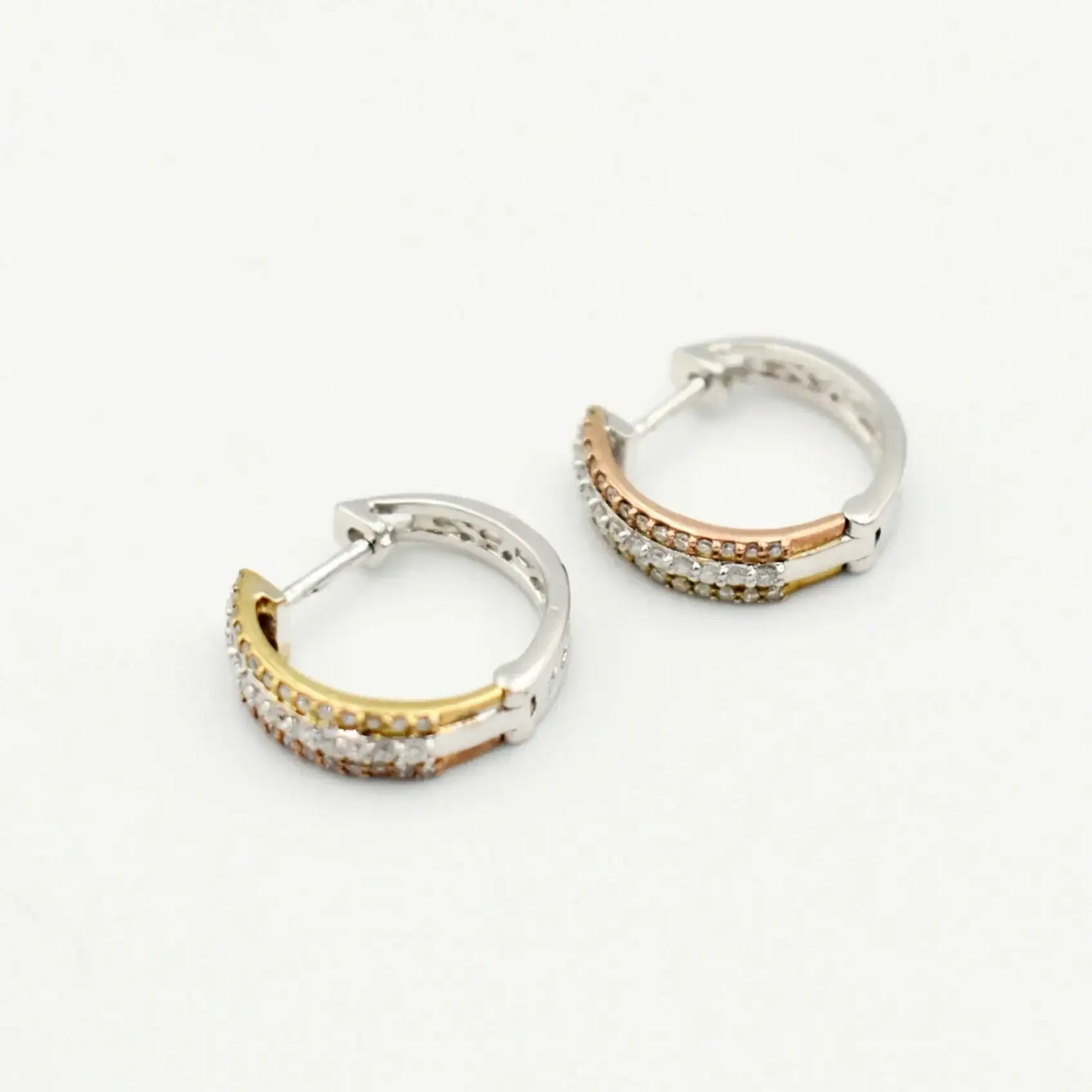 9ct three tone gold diamond hoop earrings with yellow white and rose gold bands and pavé set diamonds