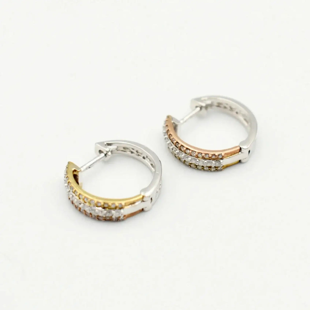 9ct three tone gold diamond hoop earrings with yellow white and rose gold bands and pavé set diamonds