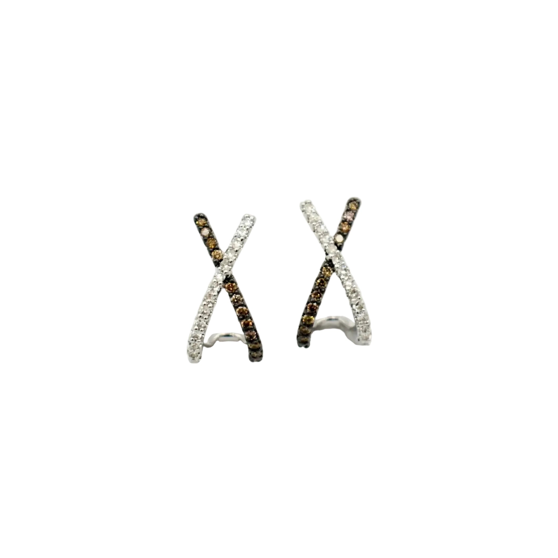 9ct white gold criss-cross hoop earrings with white and cognac brown pavé diamonds, handcrafted by Cassim & Co Johannesburg