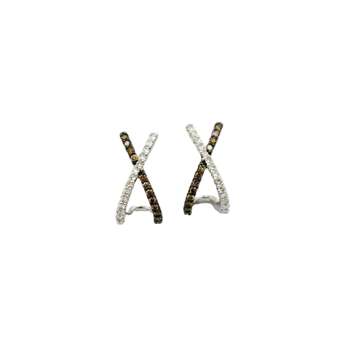 9ct white gold criss-cross hoop earrings with white and cognac brown pavé diamonds, handcrafted by Cassim & Co Johannesburg