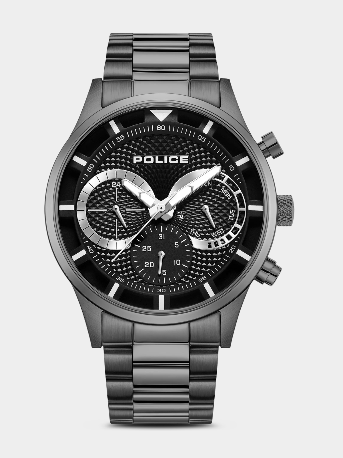 Police Driver II PEWGK0040301 gunmetal ion-plated chronograph watch with black textured dial and stainless steel bracelet