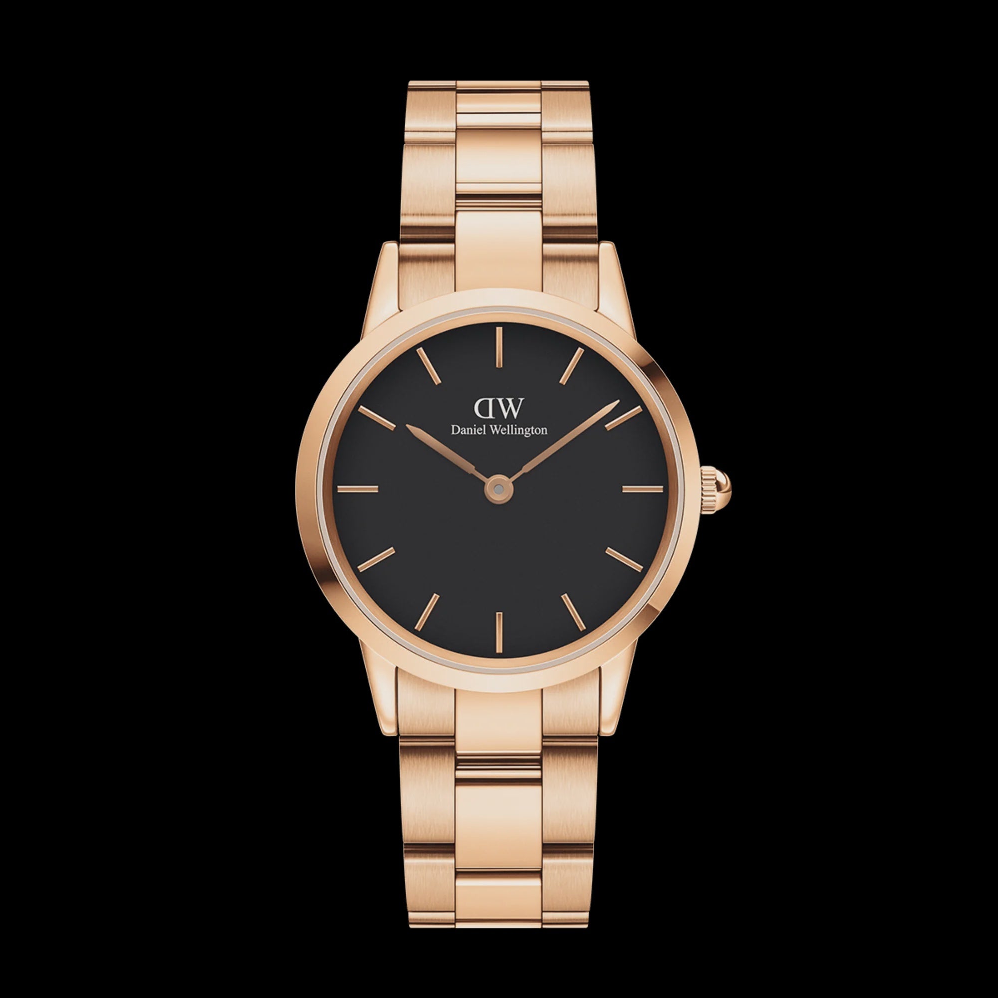 Daniel Wellington ladies watch with black dial, rose gold-tone round case and polished steel bracelet