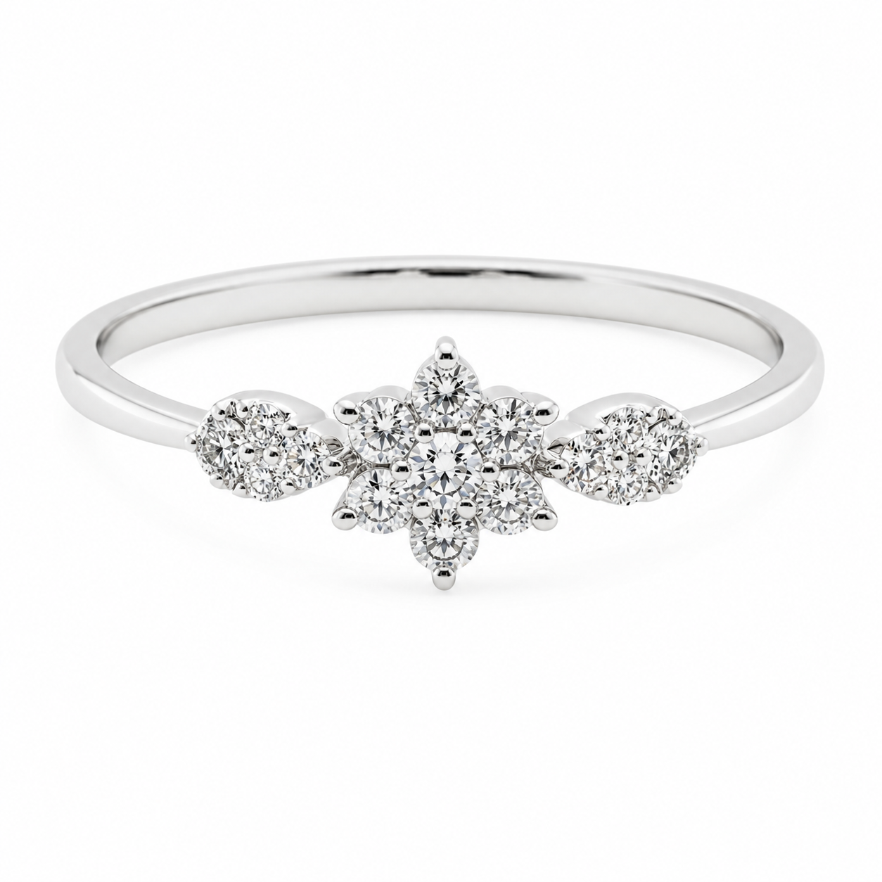9ct white gold diamond flower cluster engagement ring with round brilliant diamonds in floral setting, Cassim & Co. Johannesburg