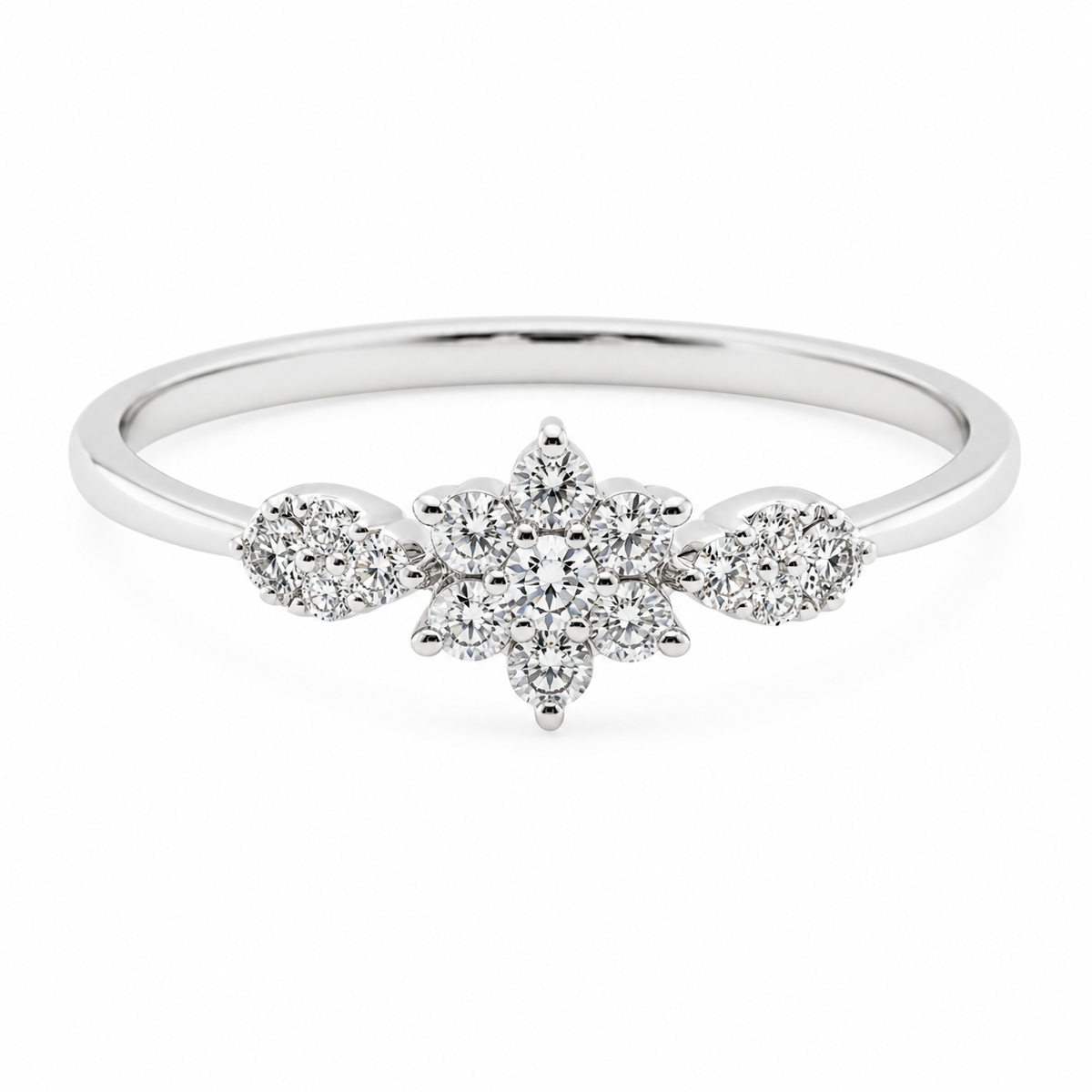 9ct white gold diamond flower cluster engagement ring with round brilliant diamonds in floral setting, Cassim & Co. Johannesburg