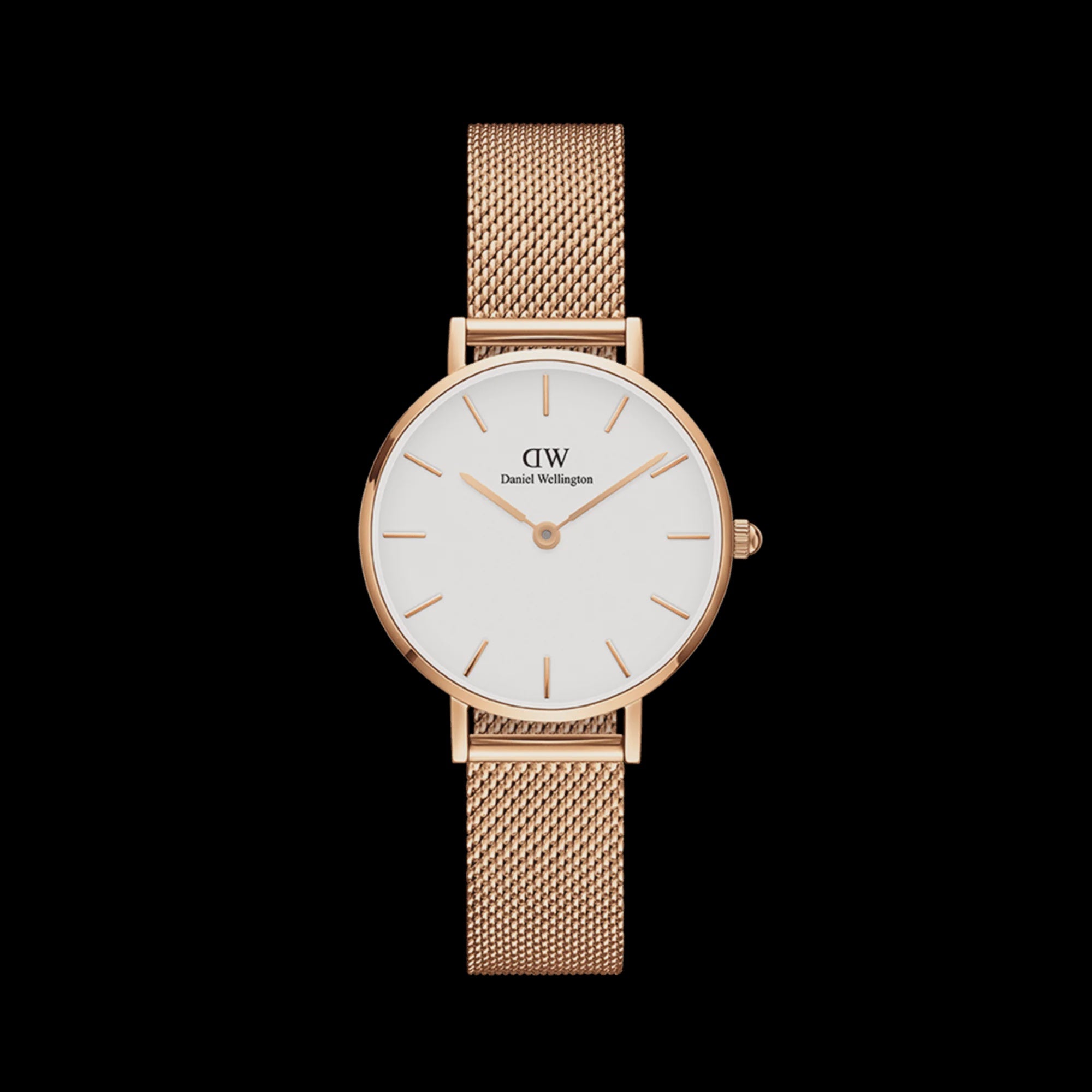 Daniel Wellington rose gold mesh bracelet watch with white minimalist dial and round case