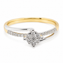 9ct two-tone yellow and white gold diamond cluster engagement ring with bypass band and pavé shoulders by Cassim & Co