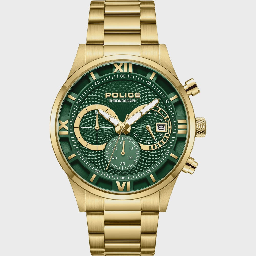 Police Driver chronograph watch with green honeycomb guilloché dial and gold-tone stainless steel case and bracelet