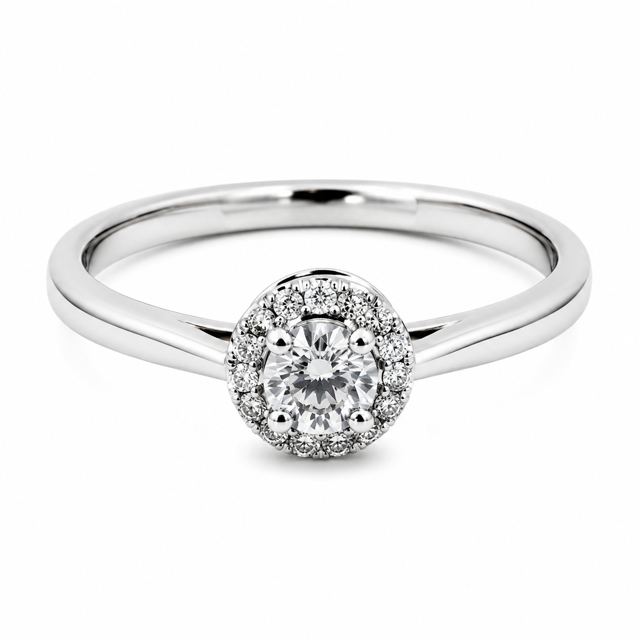 18ct white gold round diamond halo engagement ring with polished band by Cassim and Co Johannesburg