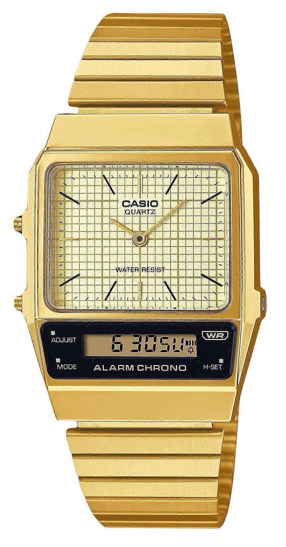 Casio AQ-800EG-9A vintage square gold-tone dual-display quartz watch with champagne grid dial and stainless steel bracelet