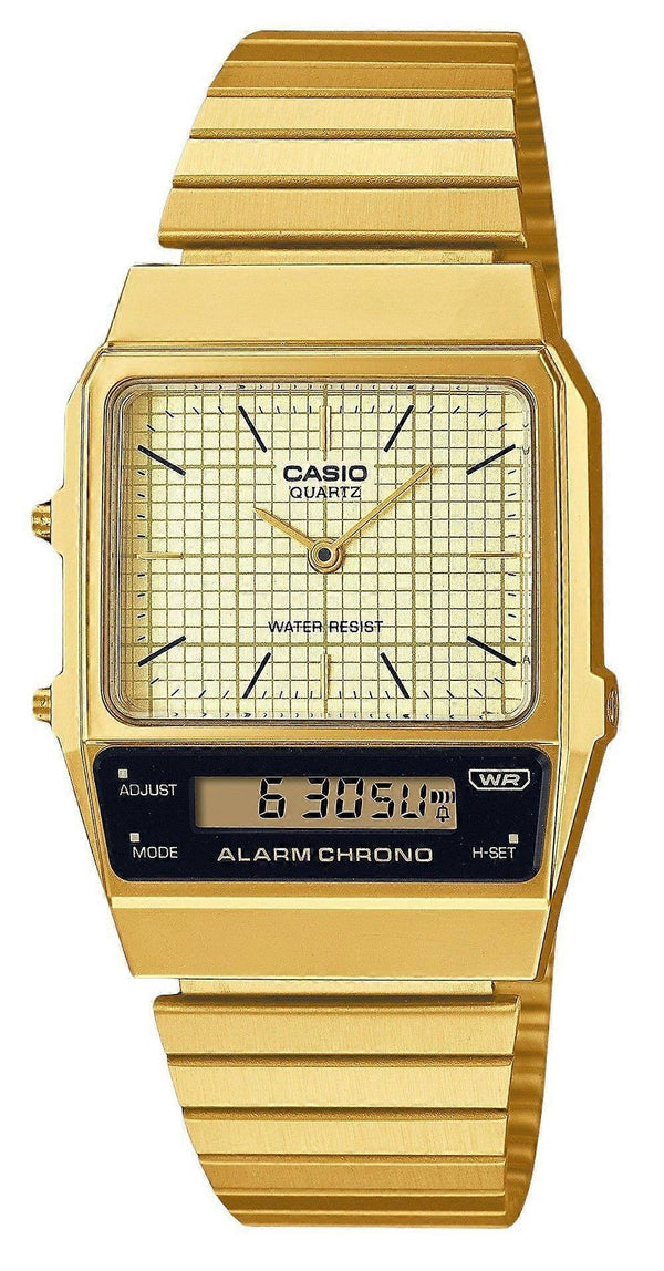 Casio AQ-800EG-9A vintage square gold-tone dual-display quartz watch with champagne grid dial and stainless steel bracelet