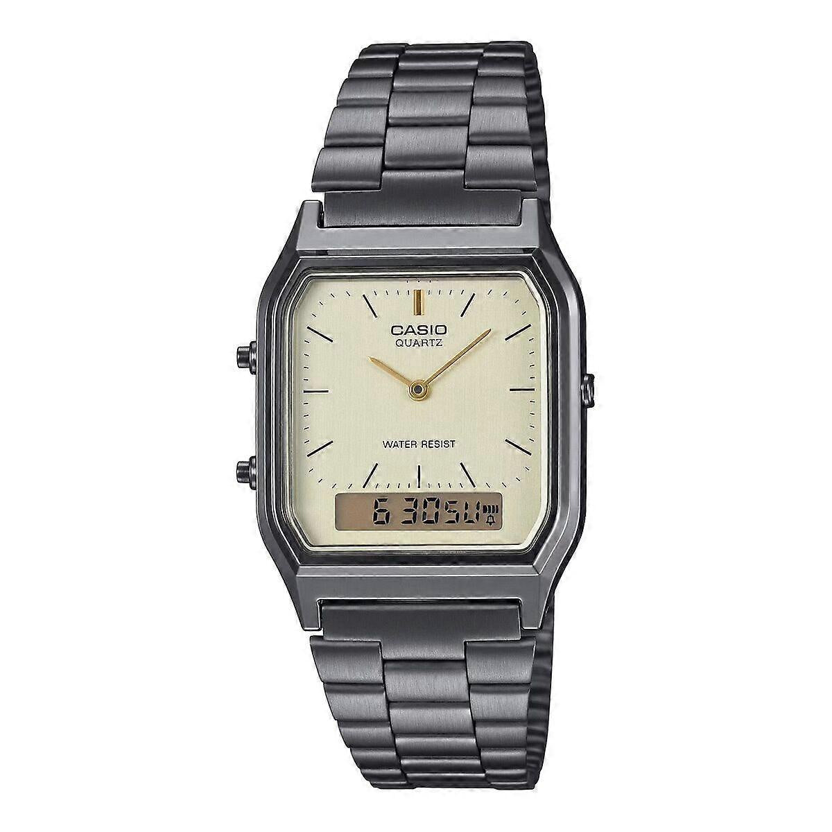 Casio AQ-230GG-9ADF Retro Analog-Digital Quartz Watch Champagne Dial Gunmetal Stainless Steel Bracelet