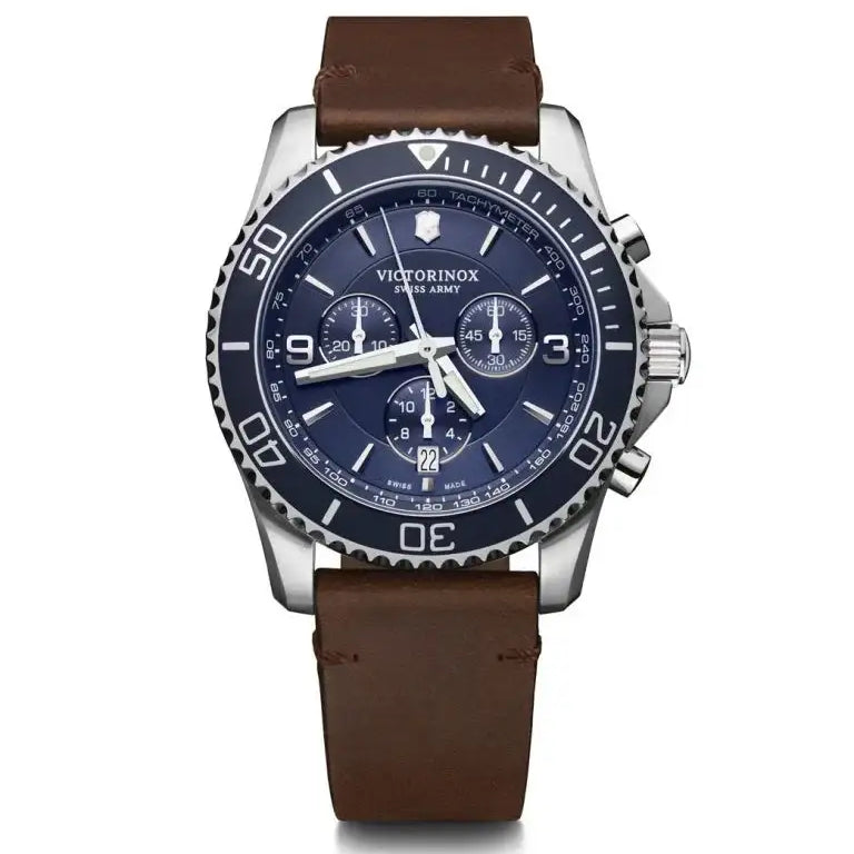 Victorinox Swiss Army Maverick Chronograph 241865 blue dial stainless steel case brown leather strap watch
