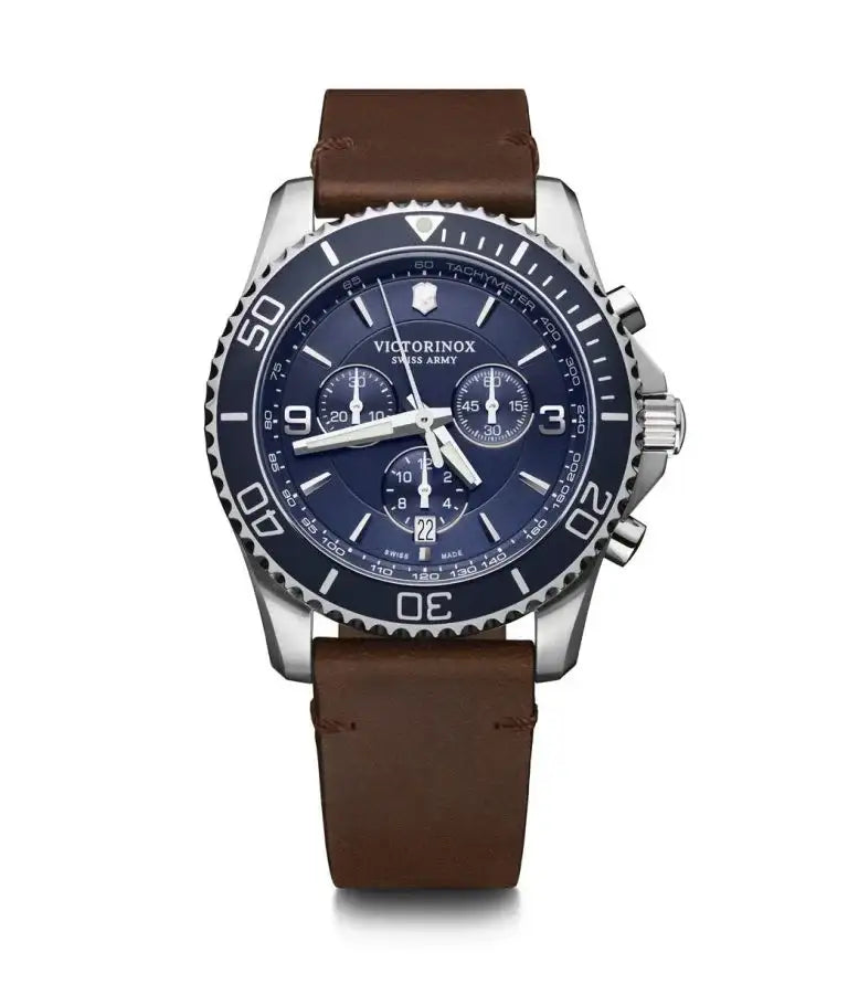 Victorinox Swiss Army Maverick Chronograph 241865 blue dial stainless steel case brown leather strap watch