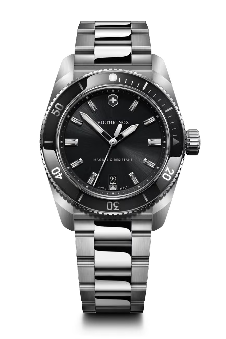 Victorinox Maverick Automatic 43mm black dial stainless steel diver watch with unidirectional bezel and steel bracelet reference 242097