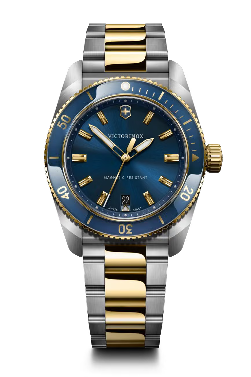 Victorinox Maverick 242100 two-tone stainless steel and gold quartz diver watch with blue dial and rotating bezel