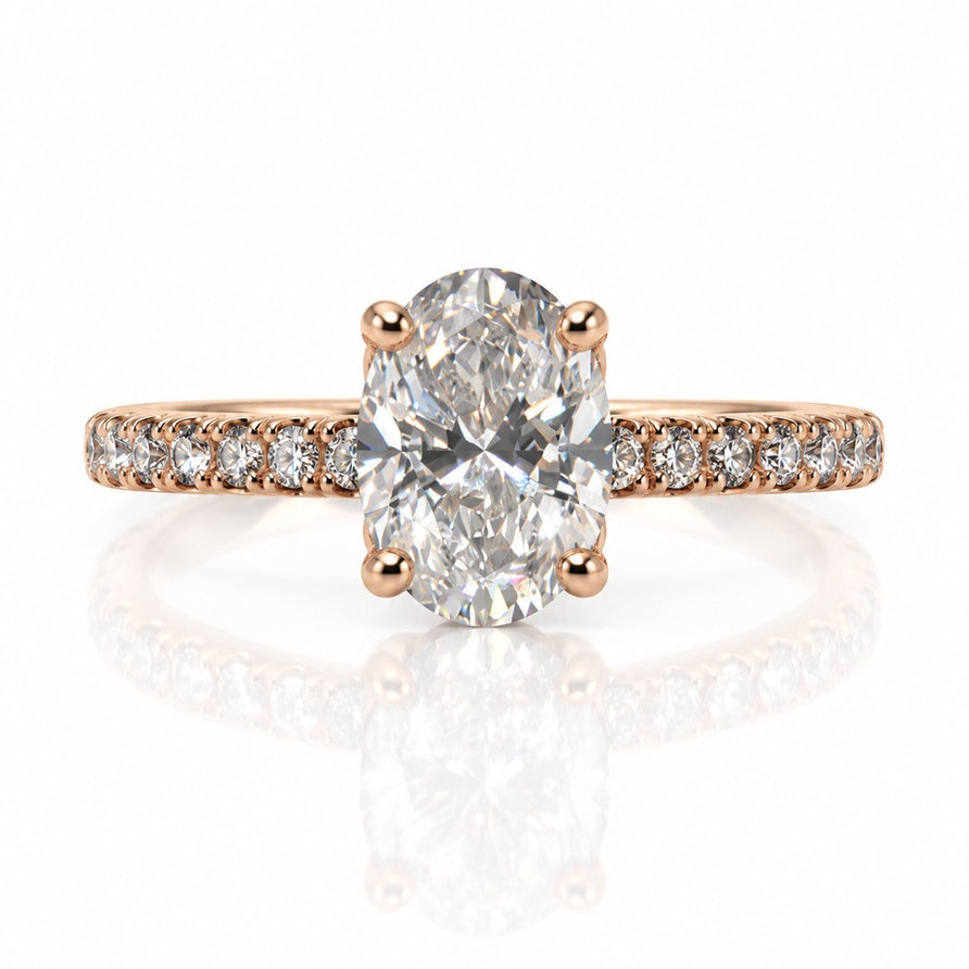 9ct rose gold solitaire ring with oval lab-grown diamond in four claws and pavé shoulders