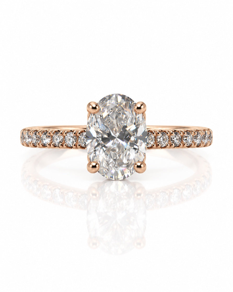 9ct rose gold solitaire ring with oval lab-grown diamond in four claws and pavé shoulders