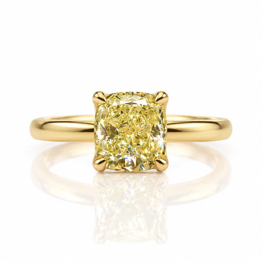 9ct yellow gold solitaire ring with 1.50ct fancy yellow cushion lab-grown diamond in four claws
