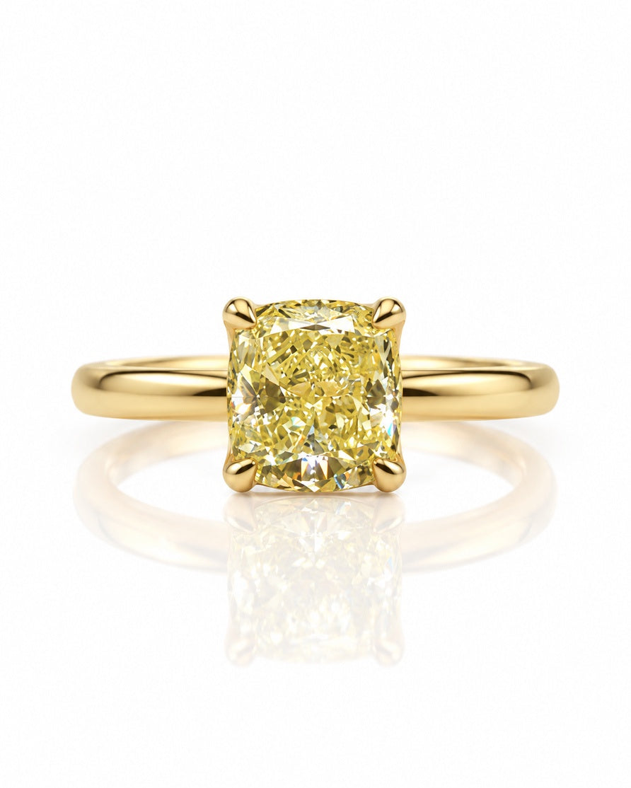 9ct yellow gold solitaire ring with 1.50ct fancy yellow cushion lab-grown diamond in four claws