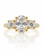 9ct yellow gold trilogy ring with oval lab-grown diamond centre and two round side stones