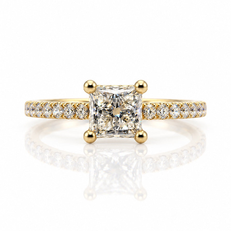 9ct yellow gold hidden halo engagement ring with 1.01ct princess-cut lab-grown diamond and pavé shoulders