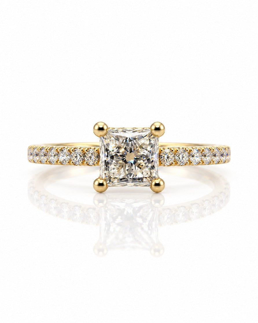 9ct yellow gold hidden halo engagement ring with 1.01ct princess-cut lab-grown diamond and pavé shoulders