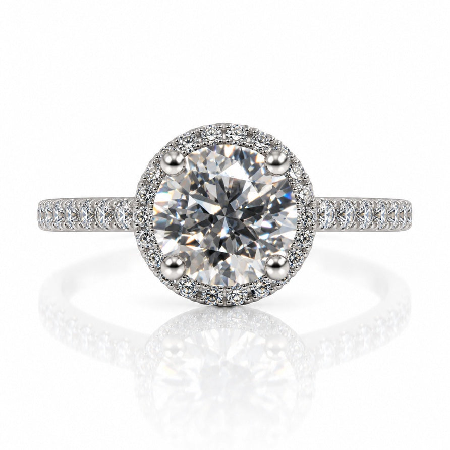 9ct white gold halo engagement ring with round lab-grown diamond centre and pavé shoulders