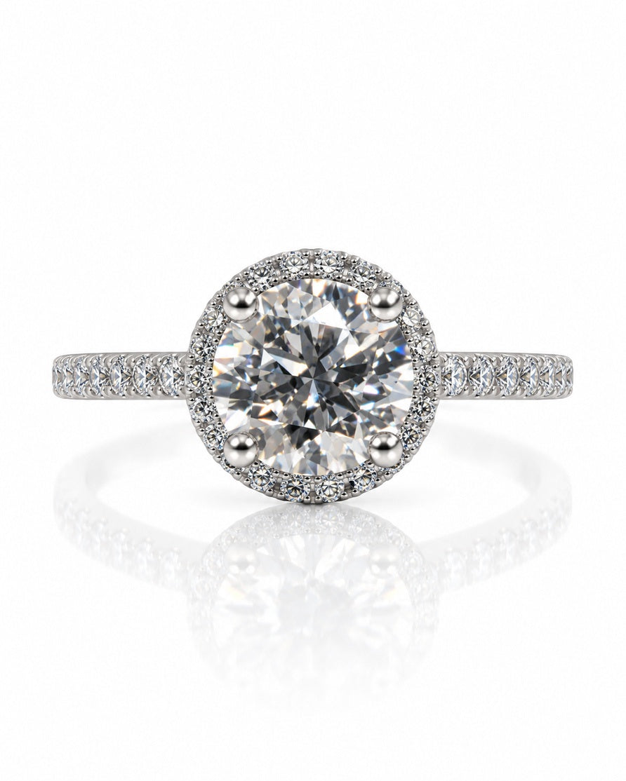 9ct white gold halo engagement ring with round lab-grown diamond centre and pavé shoulders