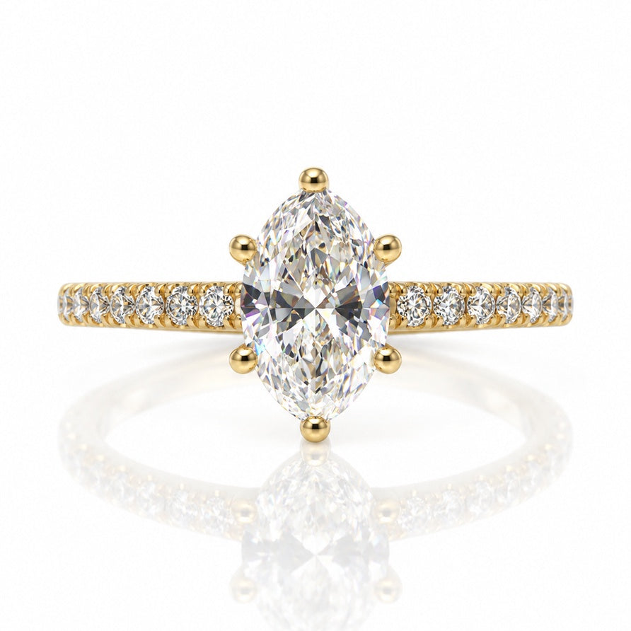 9ct yellow gold solitaire ring with marquise lab-grown diamond in six claws and pavé shoulders