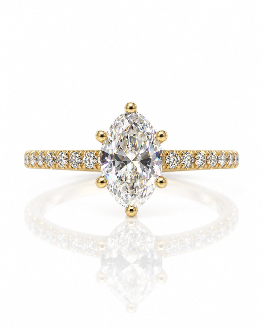 9ct yellow gold solitaire ring with marquise lab-grown diamond in six claws and pavé shoulders