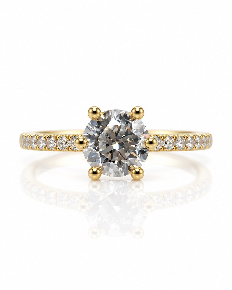1ct Yellow Gold Round 6 Prong Pave Solitaire Ring (2500121)