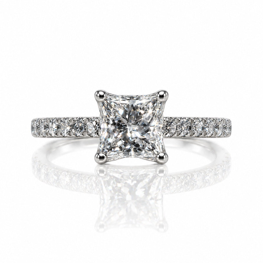 9ct white gold four-claw solitaire ring with princess-cut lab-grown diamond and pavé fishtail shoulders
