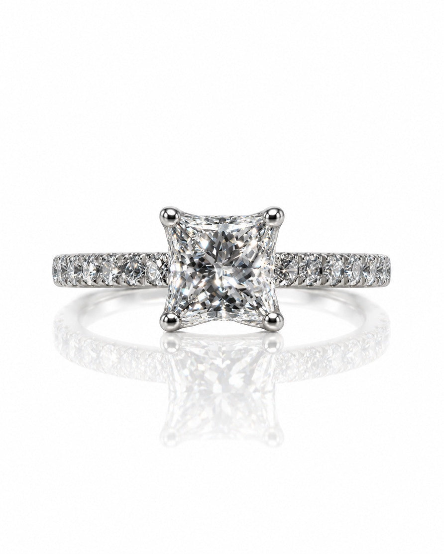 9ct white gold four-claw solitaire ring with princess-cut lab-grown diamond and pavé fishtail shoulders