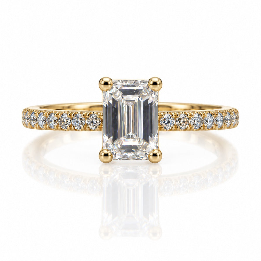 9ct yellow gold hidden halo ring with emerald cut lab-grown diamond and pavé-set band