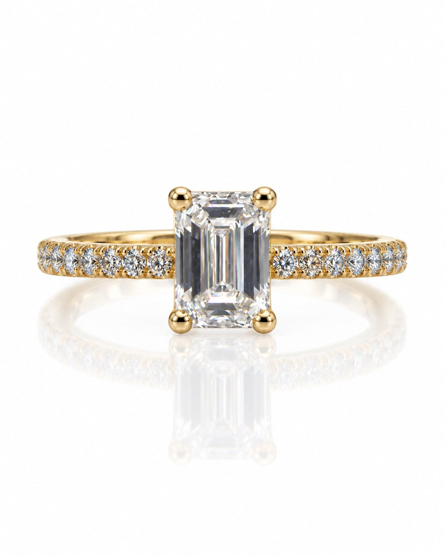 9ct yellow gold hidden halo ring with emerald cut lab-grown diamond and pavé-set band