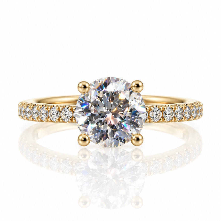 9ct yellow gold four-claw solitaire ring with round lab-grown diamond and pavé-set shoulders