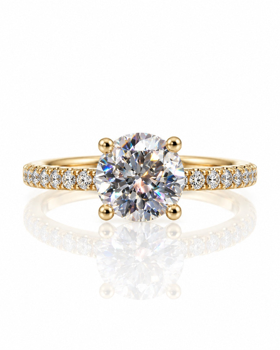 9ct yellow gold four-claw solitaire ring with round lab-grown diamond and pavé-set shoulders