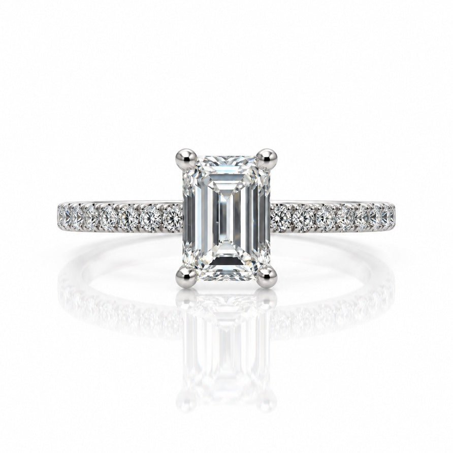 9ct white gold hidden halo ring with emerald cut lab-grown diamond and pavé-set shoulders